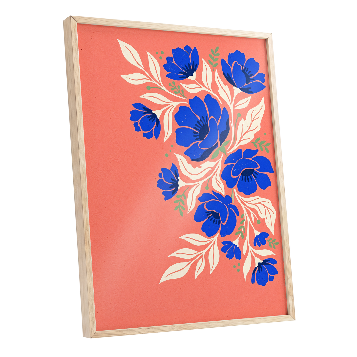 Cobalt Garden Cascade, pink, blue, white floral wall art shown as a oak framed poster wall art print