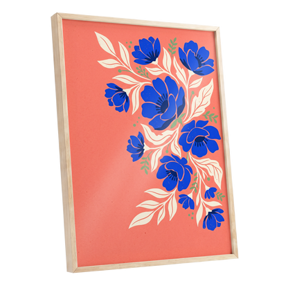 Cobalt Garden Cascade, pink, blue, white floral wall art shown as a oak framed poster wall art print