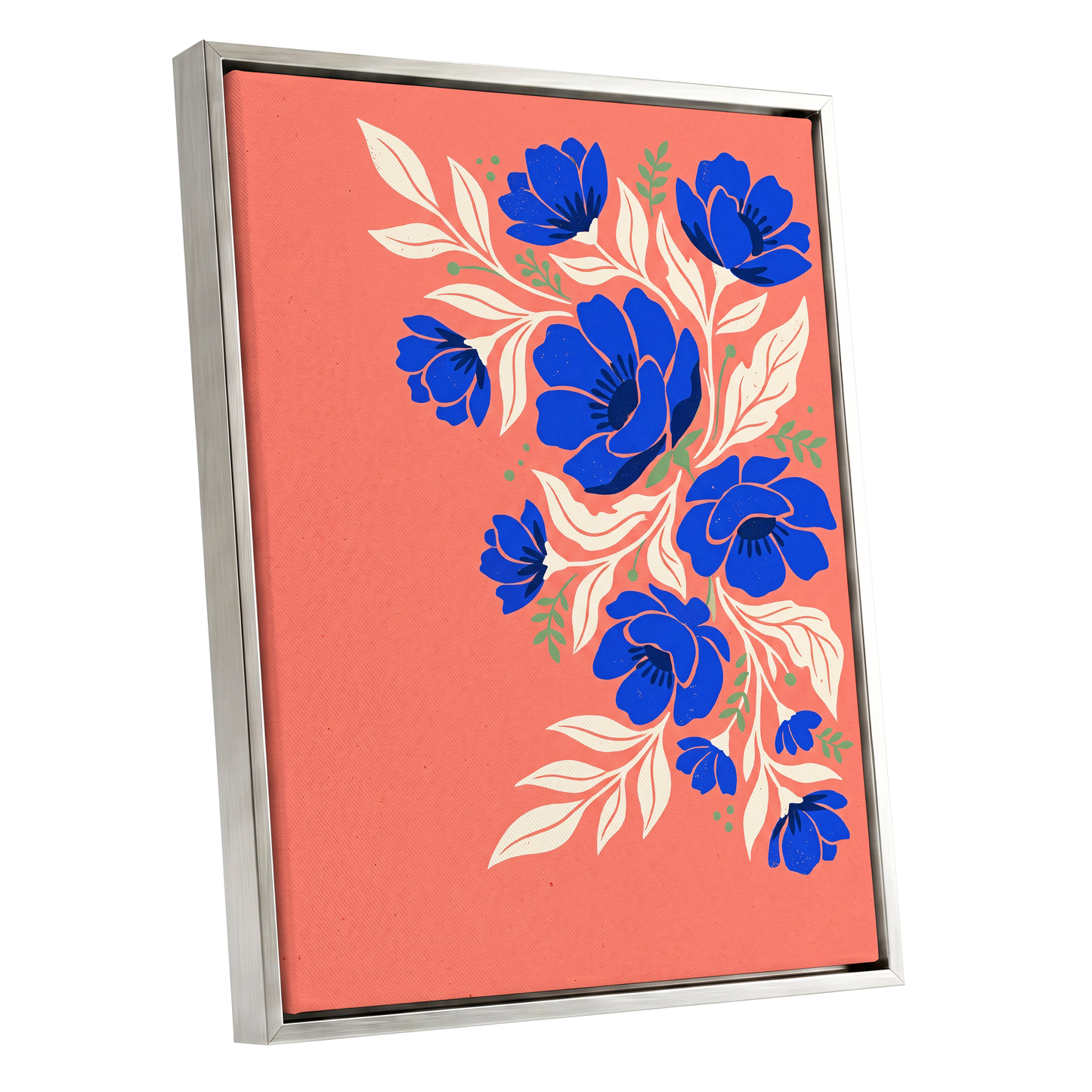 Cobalt Garden Cascade, pink, blue, white floral wall art shown as a silver framed canvas wall art
