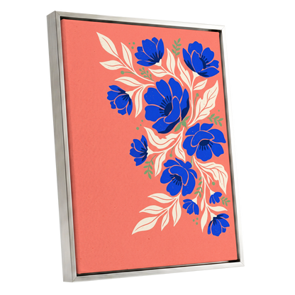 Cobalt Garden Cascade, pink, blue, white floral wall art shown as a silver framed canvas wall art