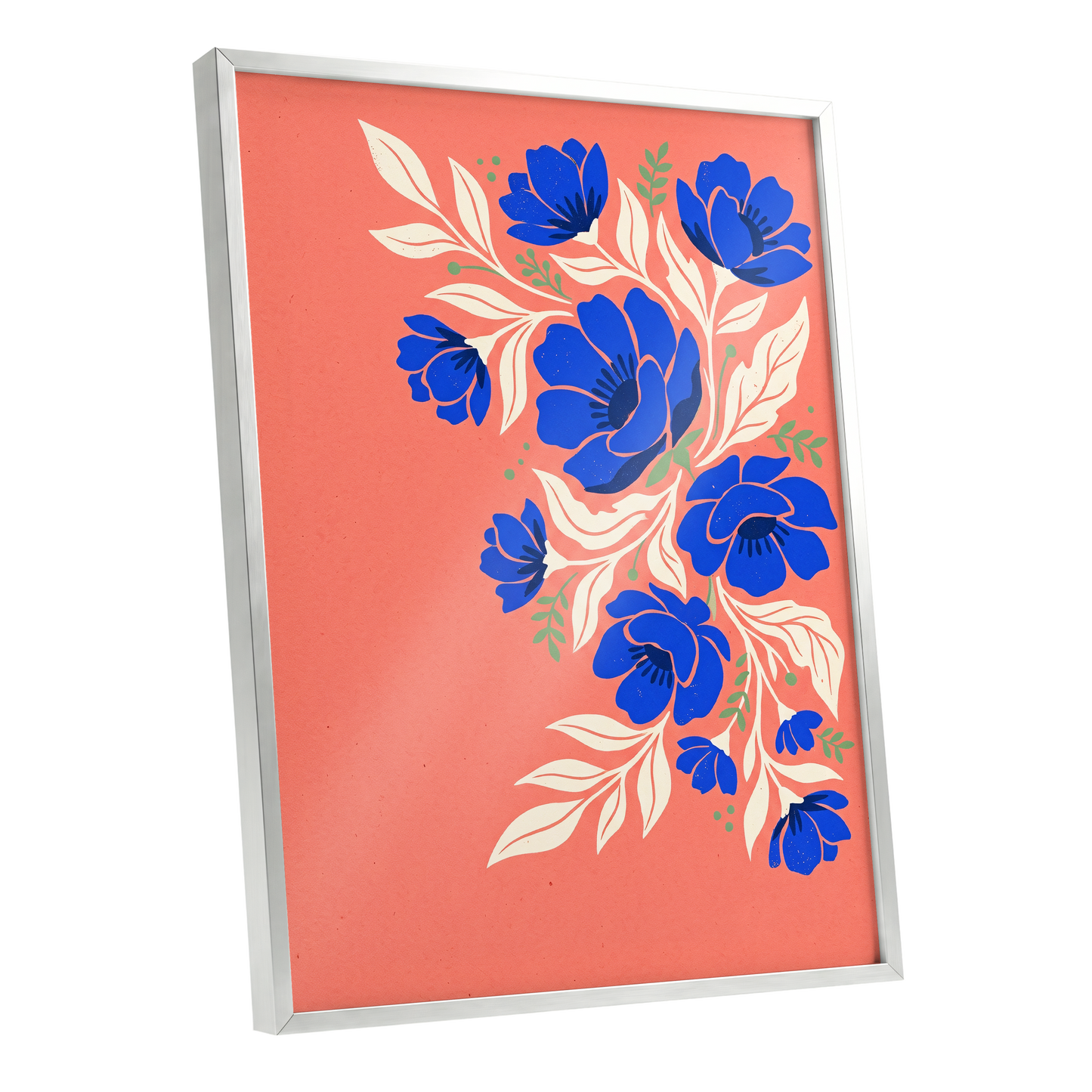 Cobalt Garden Cascade, pink, blue, white floral wall art shown as a silver framed poster wall art print