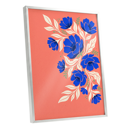 Cobalt Garden Cascade, pink, blue, white floral wall art shown as a silver framed poster wall art print