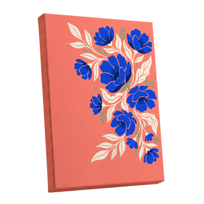 Cobalt Garden Cascade, pink, blue, white floral wall art shown as a stretched canvas wall art