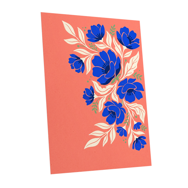 Cobalt Garden Cascade, pink, blue, white floral wall art shown as a unframed poster wall art print