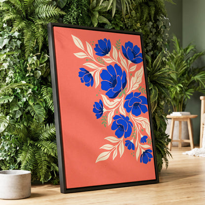 Cobalt Garden Cascade, pink, blue, white floral wall art displayed in a styled interior, gallery view 1