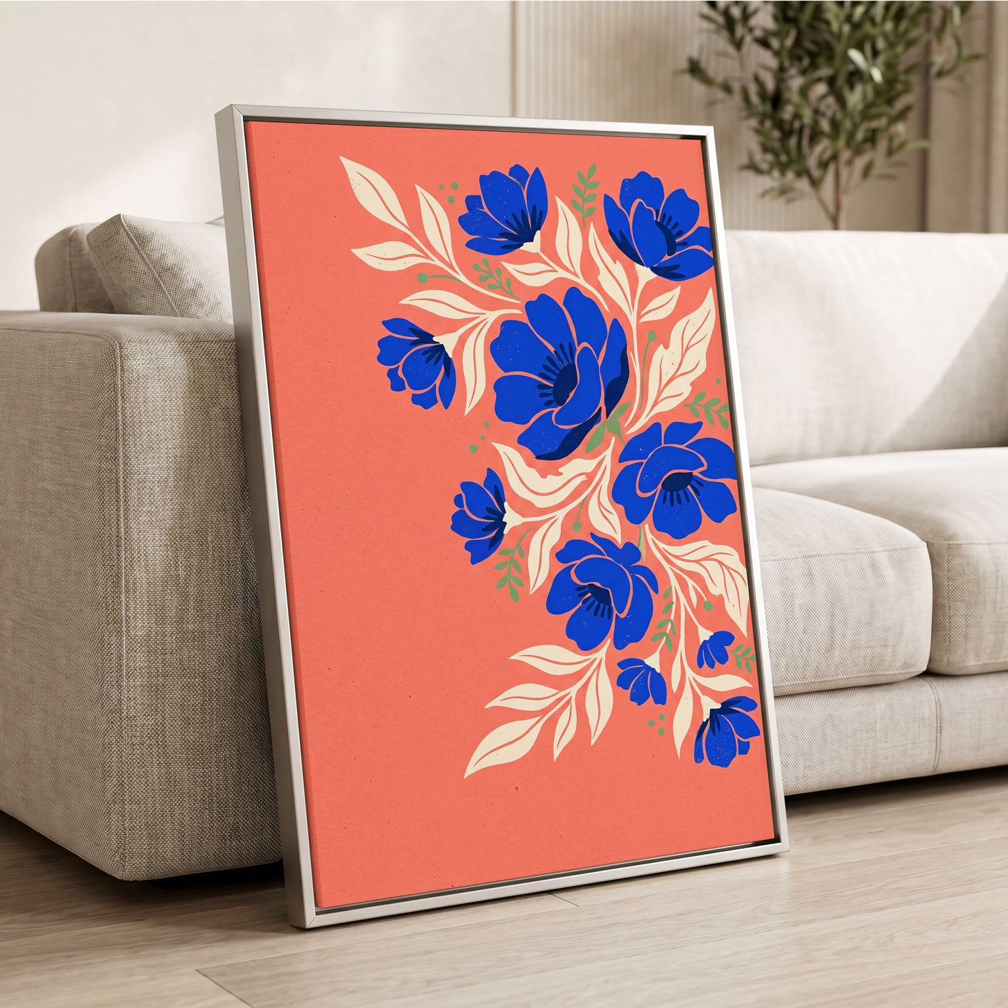 Cobalt Garden Cascade, pink, blue, white floral wall art displayed in a styled interior, gallery view 2