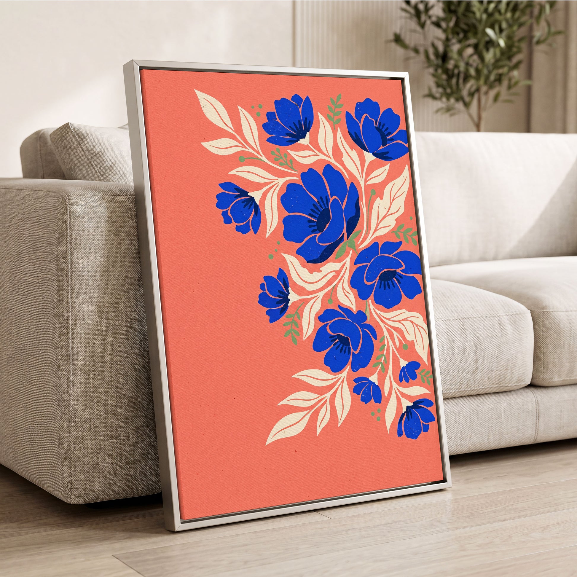 Cobalt Garden Cascade, pink, blue, white floral wall art displayed in a styled interior, gallery view 2