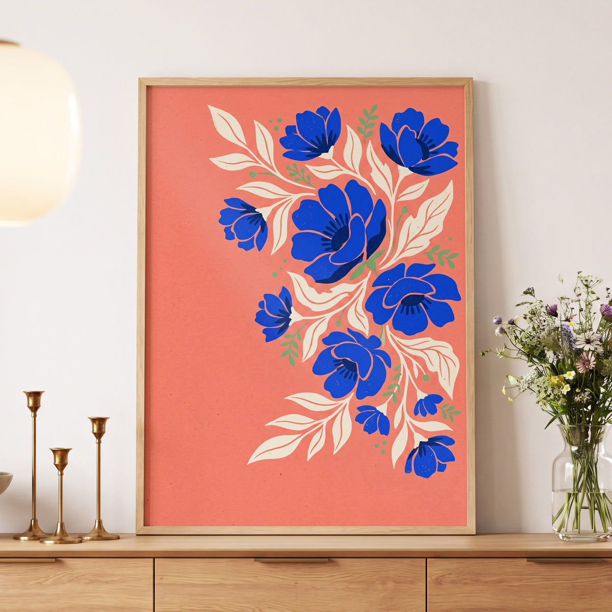 Cobalt Garden Cascade, pink, blue, white floral wall art displayed in a styled interior, gallery view 4