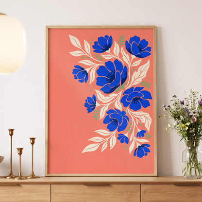 Cobalt Garden Cascade, pink, blue, white floral wall art displayed in a styled interior, gallery view 4