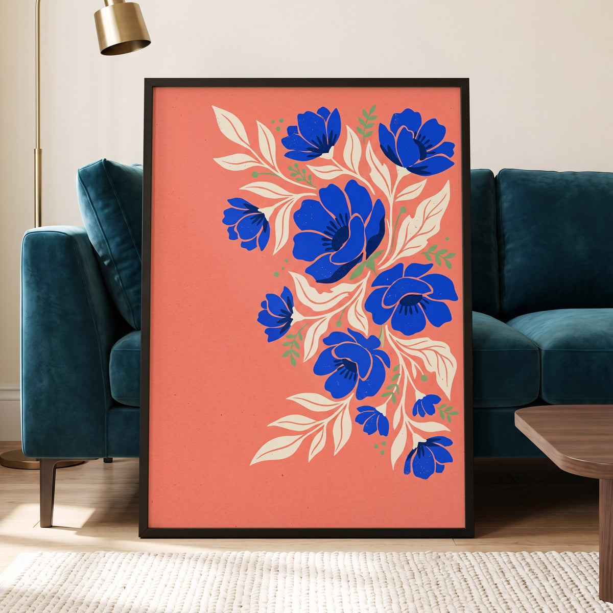 Cobalt Garden Cascade, pink, blue, white floral wall art displayed in a styled interior, gallery view 5