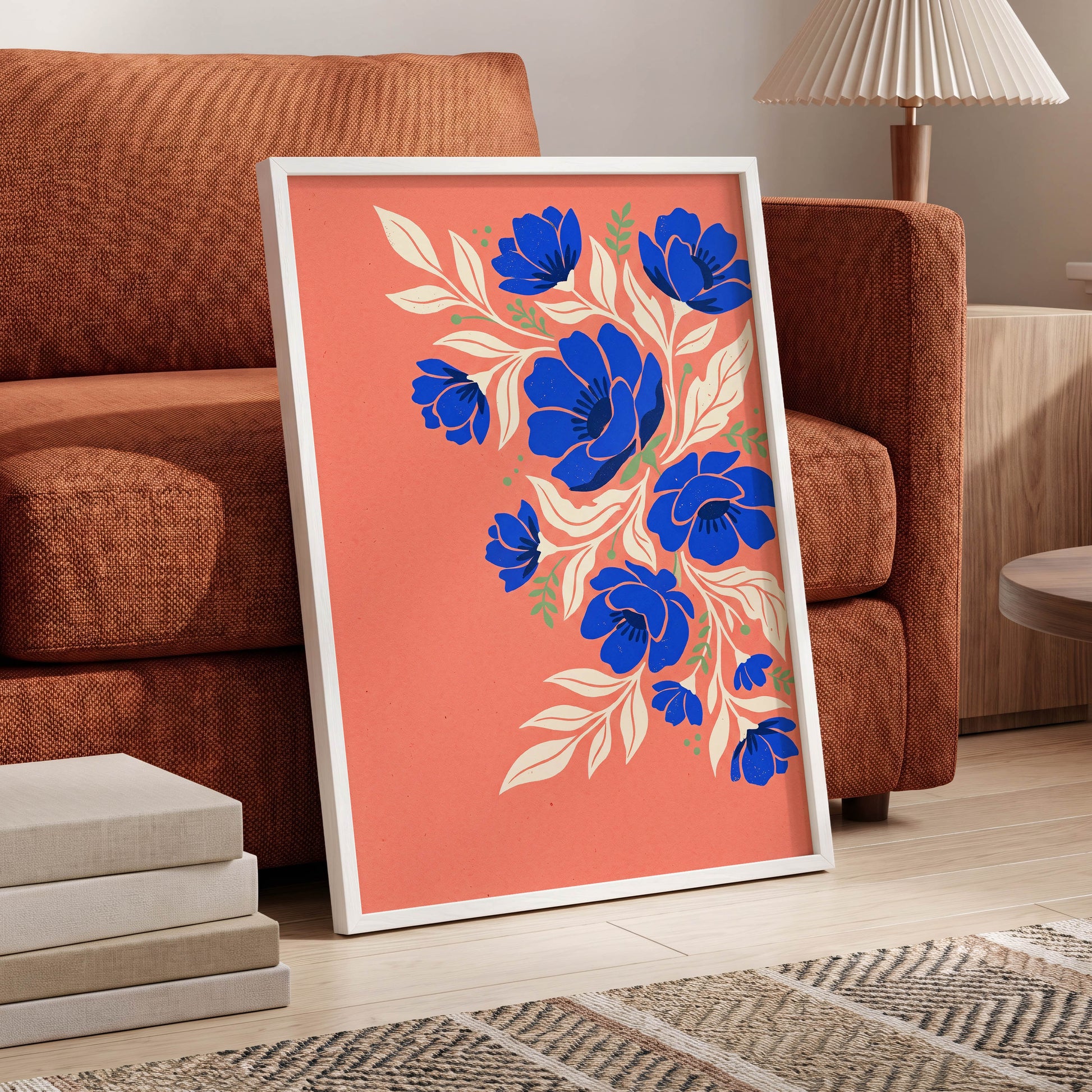 Cobalt Garden Cascade, pink, blue, white floral wall art displayed in a styled interior, gallery view 6