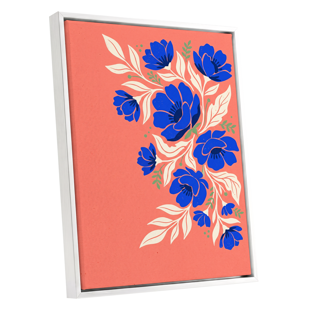 Cobalt Garden Cascade, pink, blue, white floral wall art shown as a white framed canvas wall art