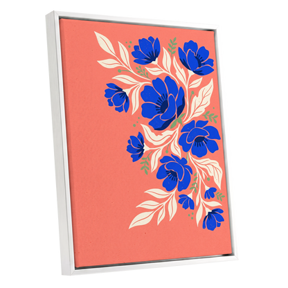 Cobalt Garden Cascade, pink, blue, white floral wall art shown as a white framed canvas wall art