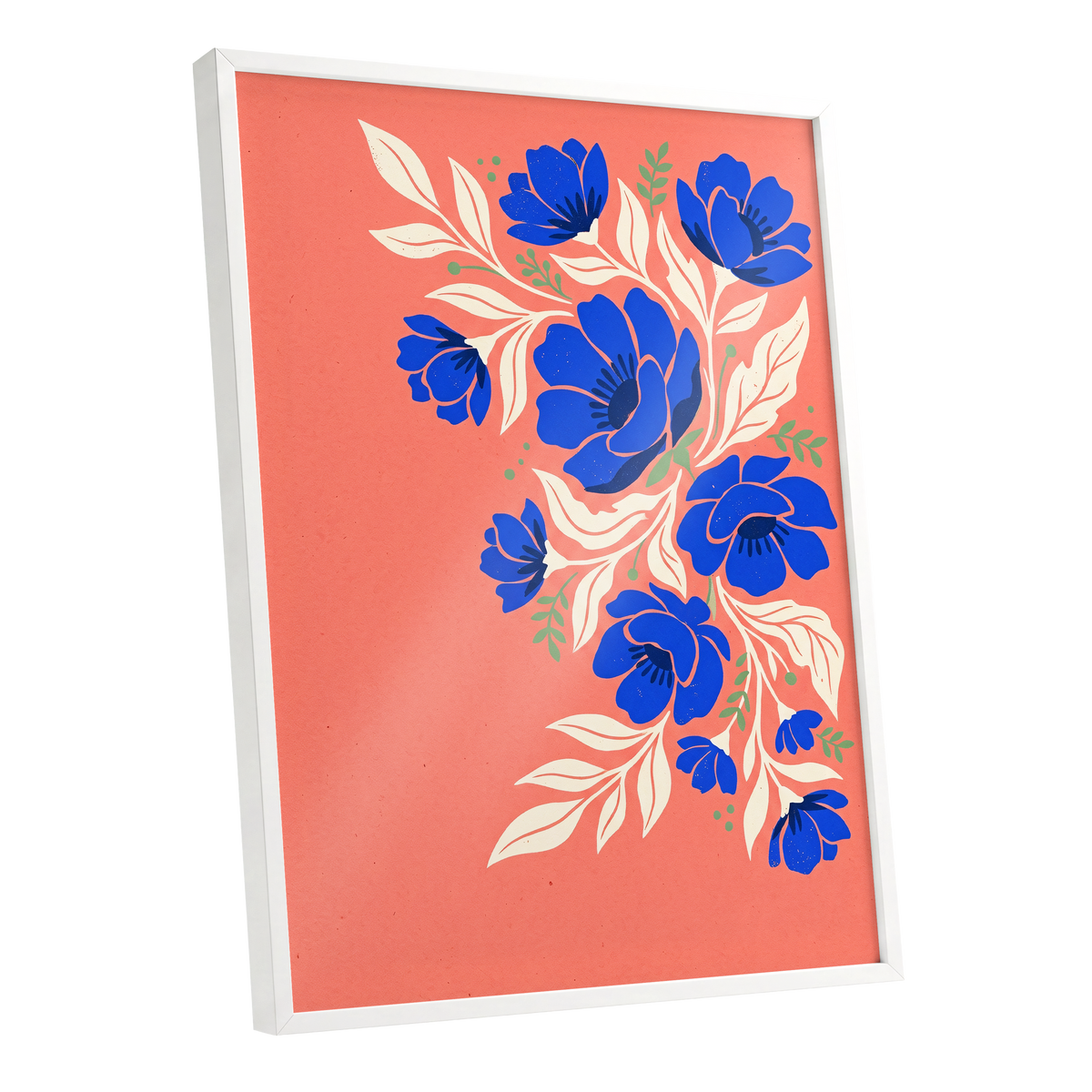 Cobalt Garden Cascade, pink, blue, white floral wall art shown as a white framed poster wall art print