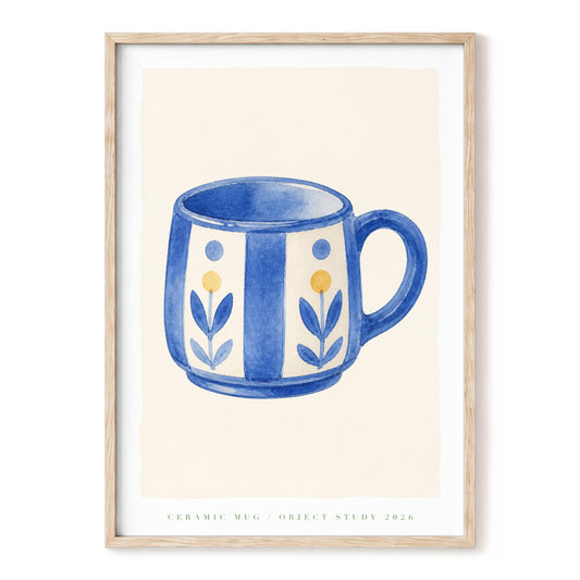Cobalt Garden Cup, blue, beige, white minimalist wall art, front artwork view