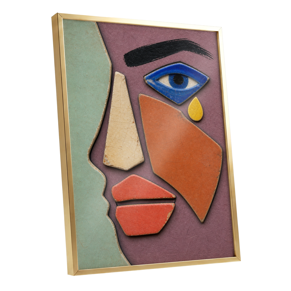 Cobalt Gaze, purple, green, orange abstract wall art shown as a gold framed poster wall art print