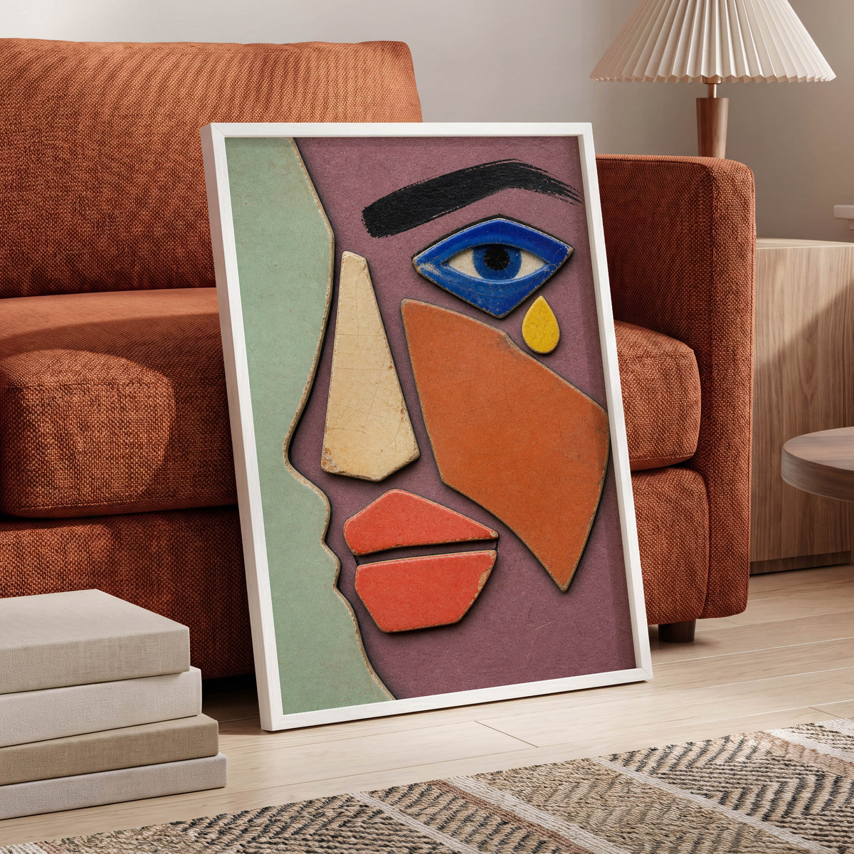 Cobalt Gaze, purple, green, orange abstract wall art displayed in a styled interior, gallery view 2