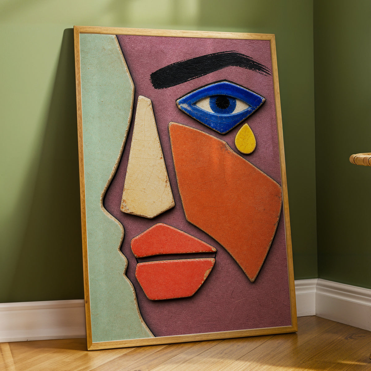 Cobalt Gaze, purple, green, orange abstract wall art displayed in a styled interior, gallery view 6