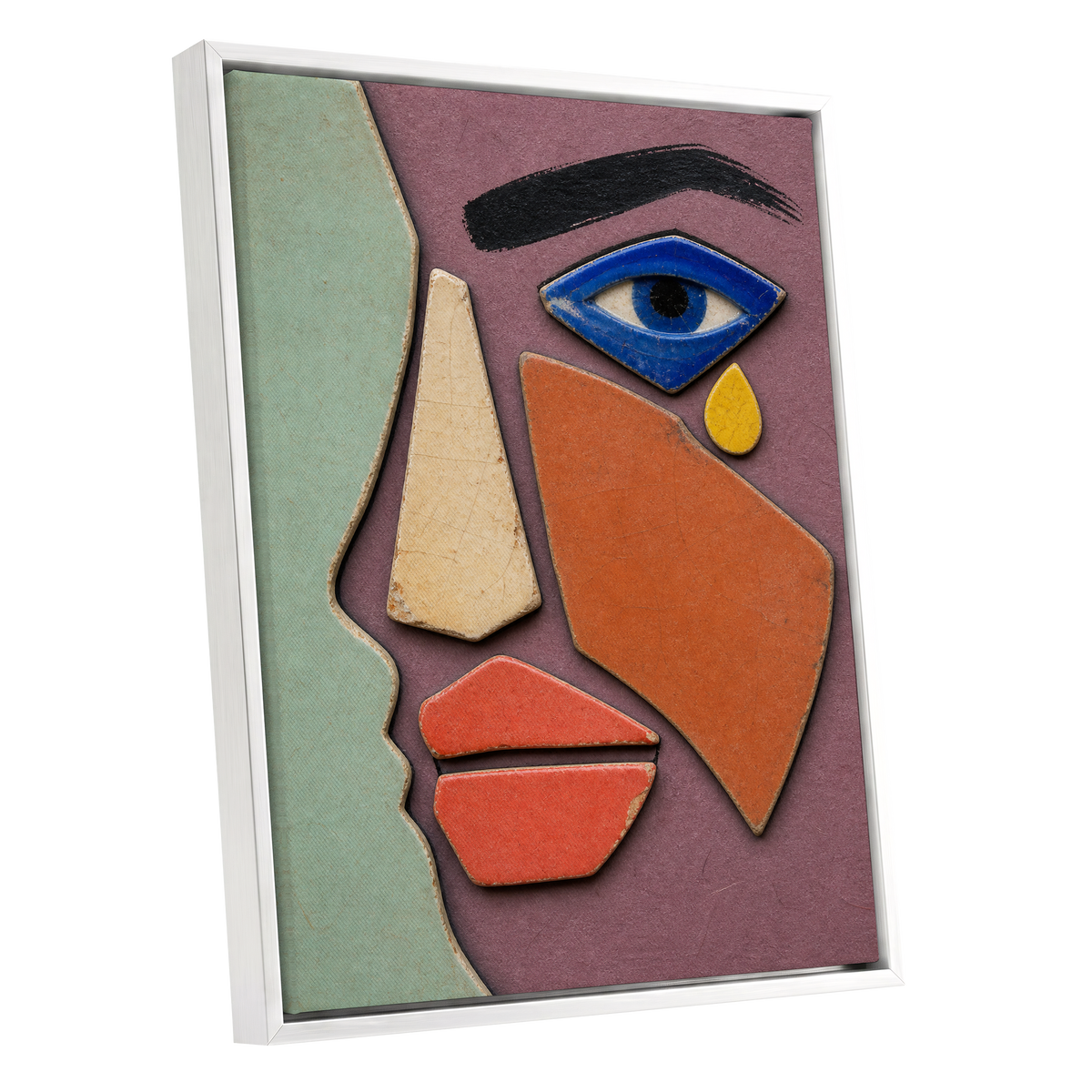 Cobalt Gaze, purple, green, orange abstract wall art shown as a white framed canvas wall art