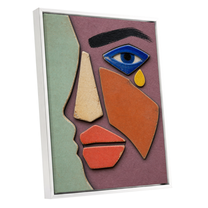 Cobalt Gaze, purple, green, orange abstract wall art shown as a white framed canvas wall art
