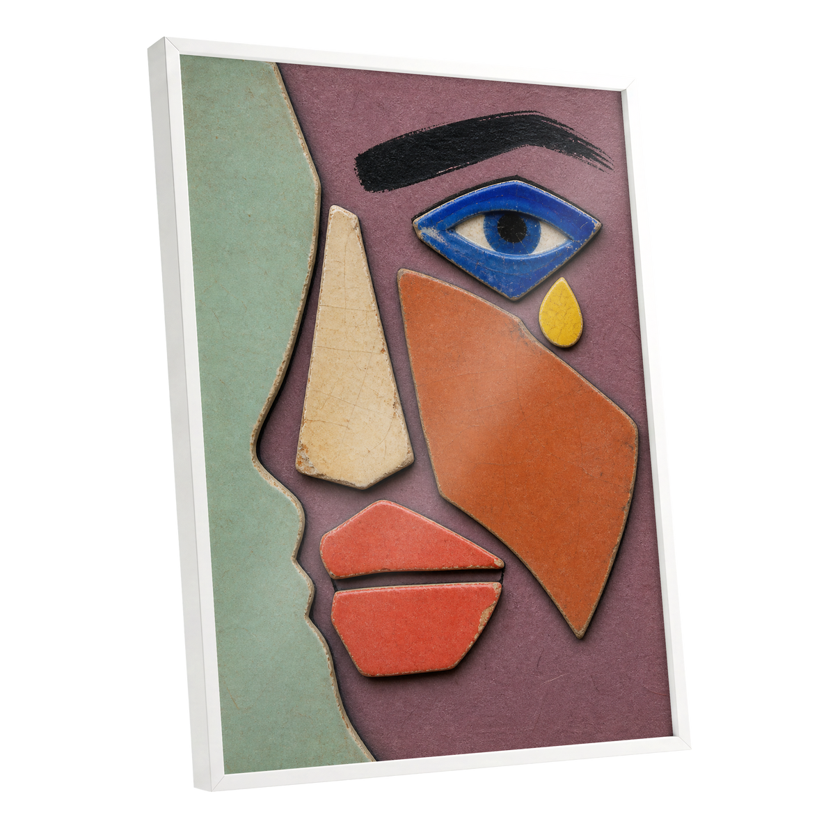 Cobalt Gaze, purple, green, orange abstract wall art shown as a white framed poster wall art print