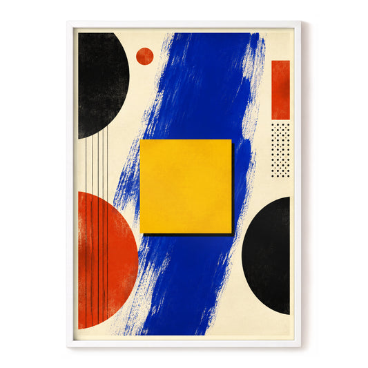 Cobalt Geometry, blue, yellow, black abstract wall art, front artwork view