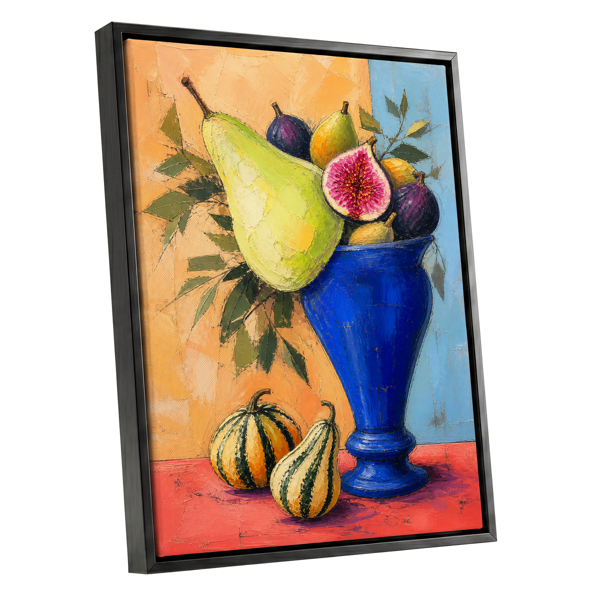 Cobalt Harvest, blue, green, orange nature wall art shown as a black framed canvas wall art