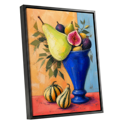 Cobalt Harvest, blue, green, orange nature wall art shown as a black framed canvas wall art