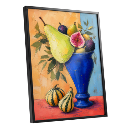 Cobalt Harvest, blue, green, orange nature wall art shown as a black framed poster wall art print