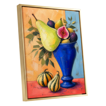 Cobalt Harvest, blue, green, orange nature wall art shown as a gold framed canvas wall art