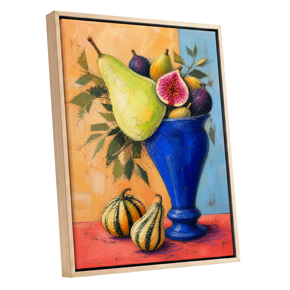 Cobalt Harvest, blue, green, orange nature wall art shown as a oak framed canvas wall art