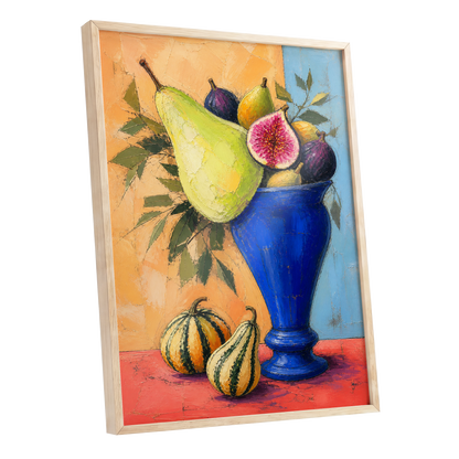 Cobalt Harvest, blue, green, orange nature wall art shown as a oak framed poster wall art print