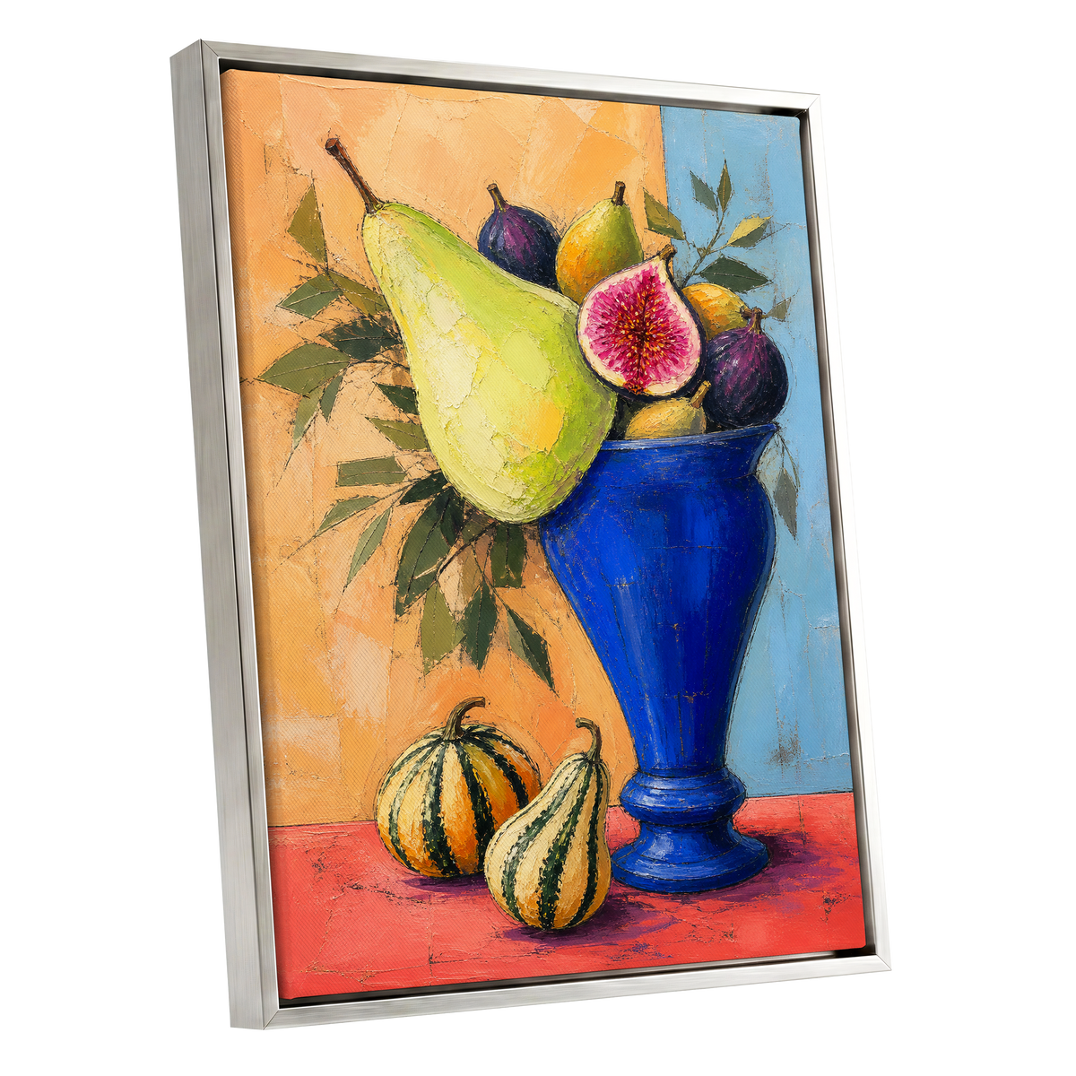 Cobalt Harvest, blue, green, orange nature wall art shown as a silver framed canvas wall art
