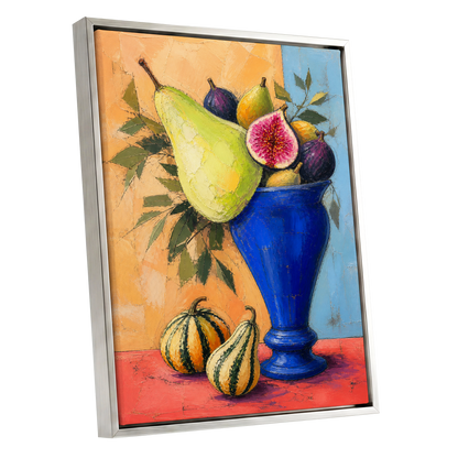 Cobalt Harvest, blue, green, orange nature wall art shown as a silver framed canvas wall art