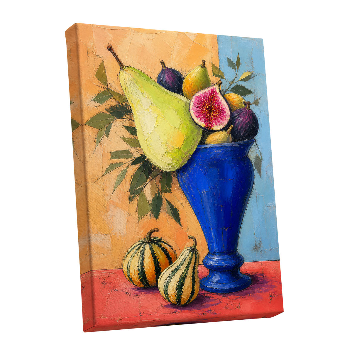 Cobalt Harvest, blue, green, orange nature wall art shown as a stretched canvas wall art