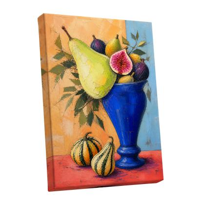 Cobalt Harvest, blue, green, orange nature wall art shown as a stretched canvas wall art