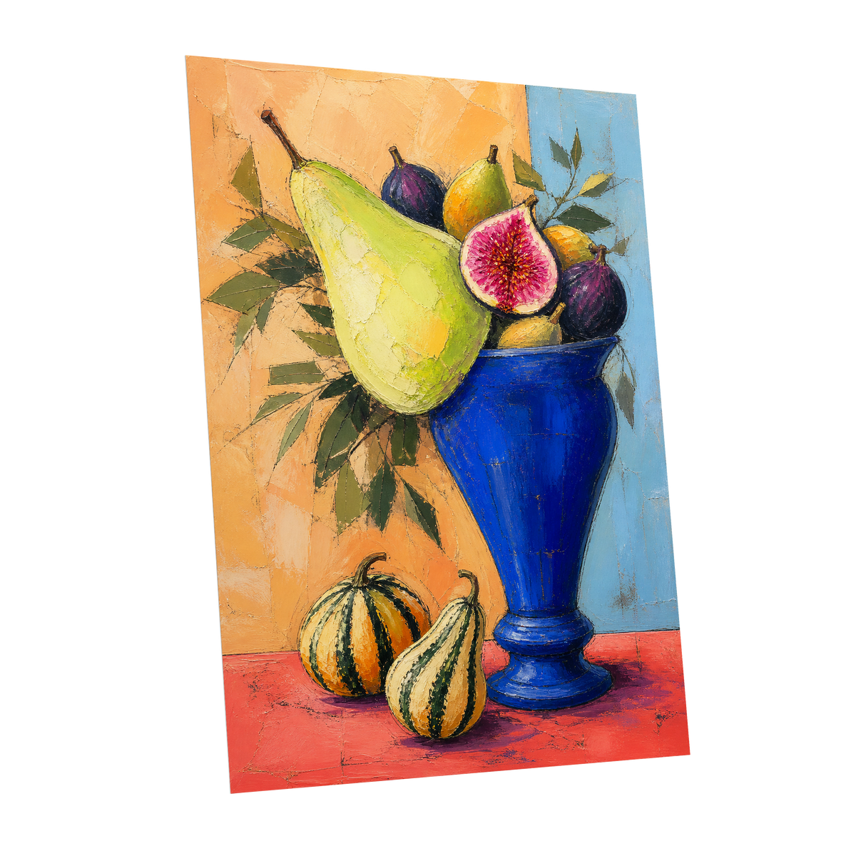 Cobalt Harvest, blue, green, orange nature wall art shown as a unframed poster wall art print