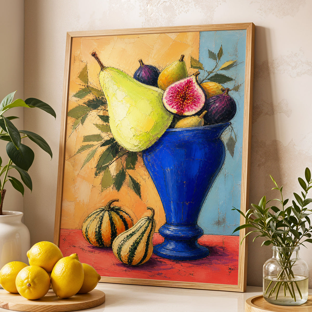 Cobalt Harvest, blue, green, orange nature wall art displayed in a styled interior, gallery view 2
