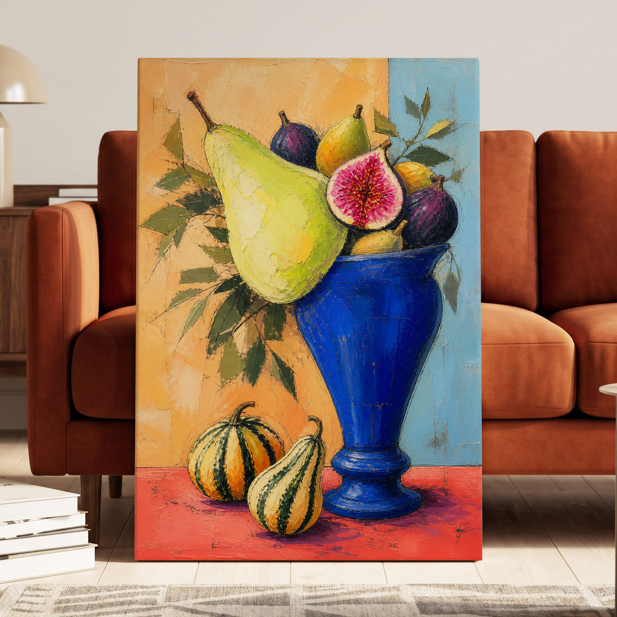 Cobalt Harvest, blue, green, orange nature wall art displayed in a styled interior, gallery view 3