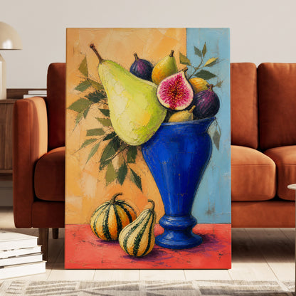 Cobalt Harvest, blue, green, orange nature wall art displayed in a styled interior, gallery view 3