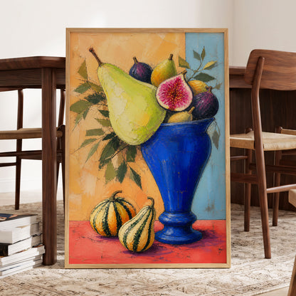 Cobalt Harvest, blue, green, orange nature wall art displayed in a styled interior, gallery view 6