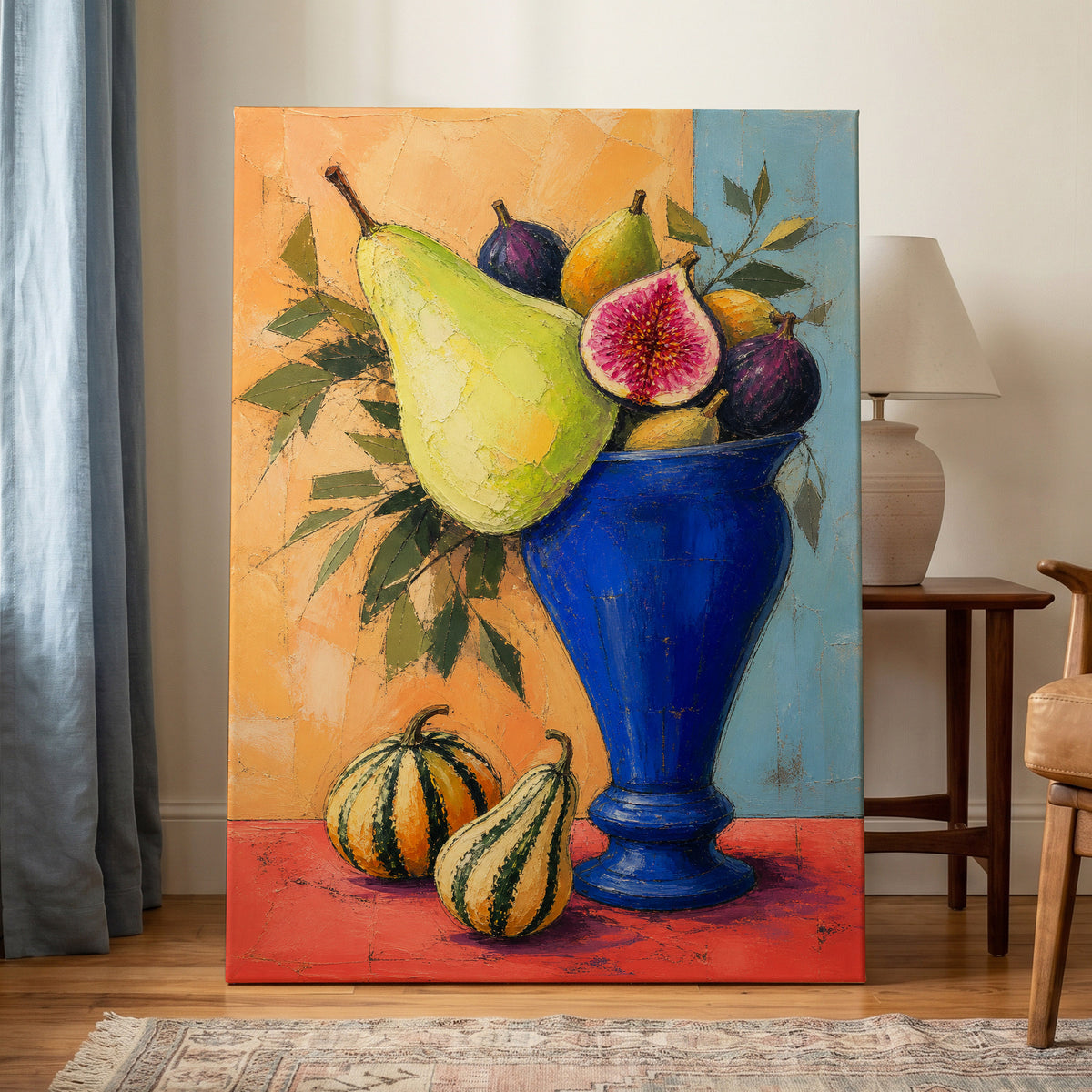 Cobalt Harvest, blue, green, orange nature wall art displayed in a styled interior, gallery view 7