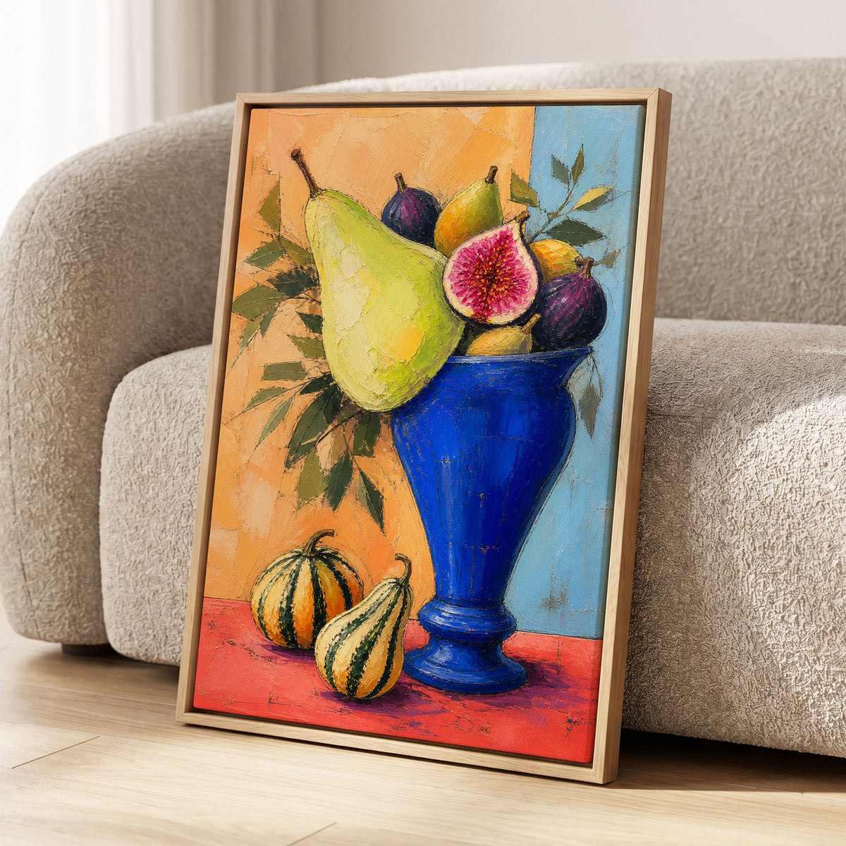 Cobalt Harvest, blue, green, orange nature wall art displayed in a styled interior, gallery view 8