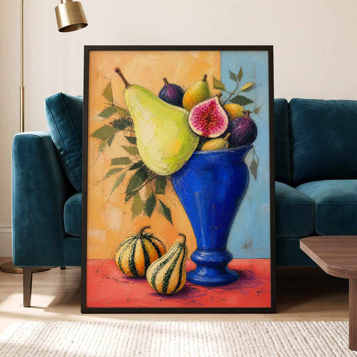 Cobalt Harvest, blue, green, orange nature wall art displayed in a styled interior, gallery view 9