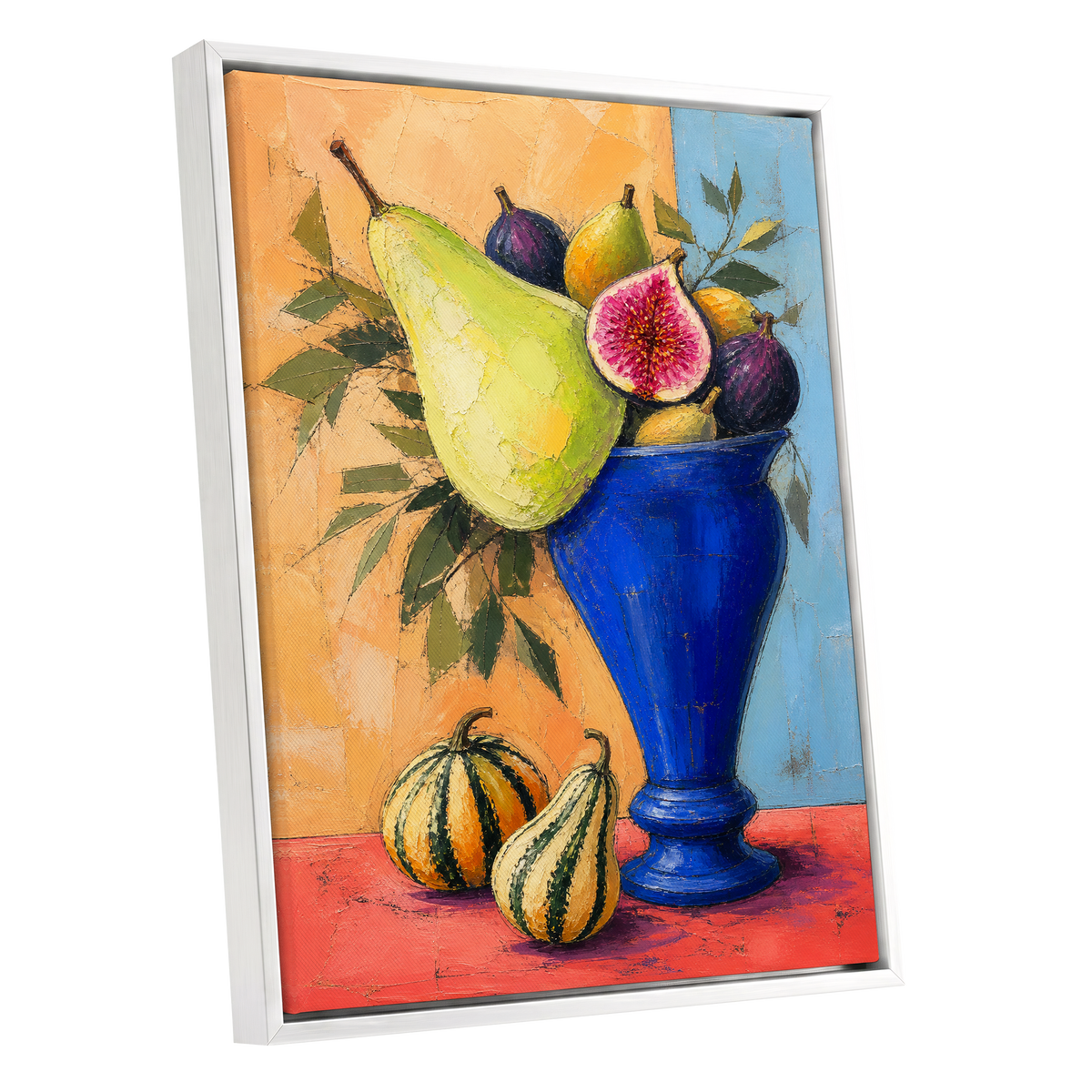 Cobalt Harvest, blue, green, orange nature wall art shown as a white framed canvas wall art