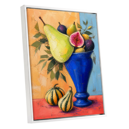 Cobalt Harvest, blue, green, orange nature wall art shown as a white framed canvas wall art