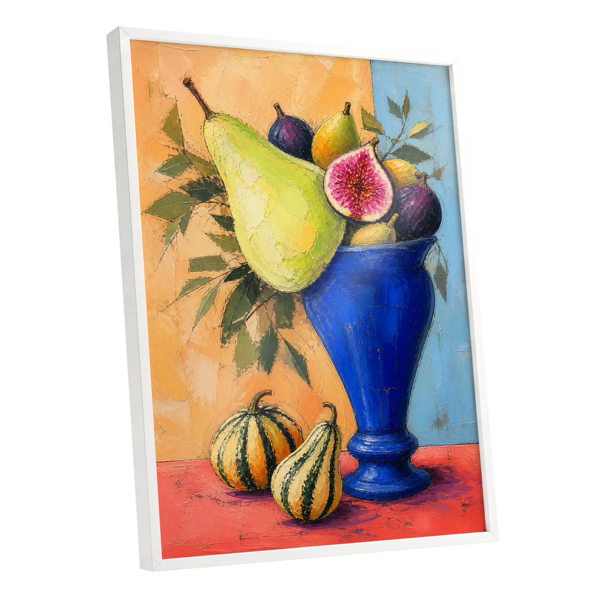 Cobalt Harvest, blue, green, orange nature wall art shown as a white framed poster wall art print