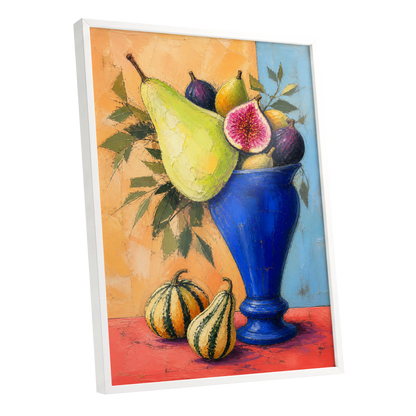 Cobalt Harvest, blue, green, orange nature wall art shown as a white framed poster wall art print