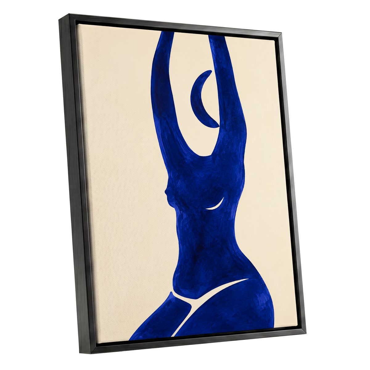 Cobalt in Motion, blue, beige, yellow abstract wall art shown as a black framed canvas wall art