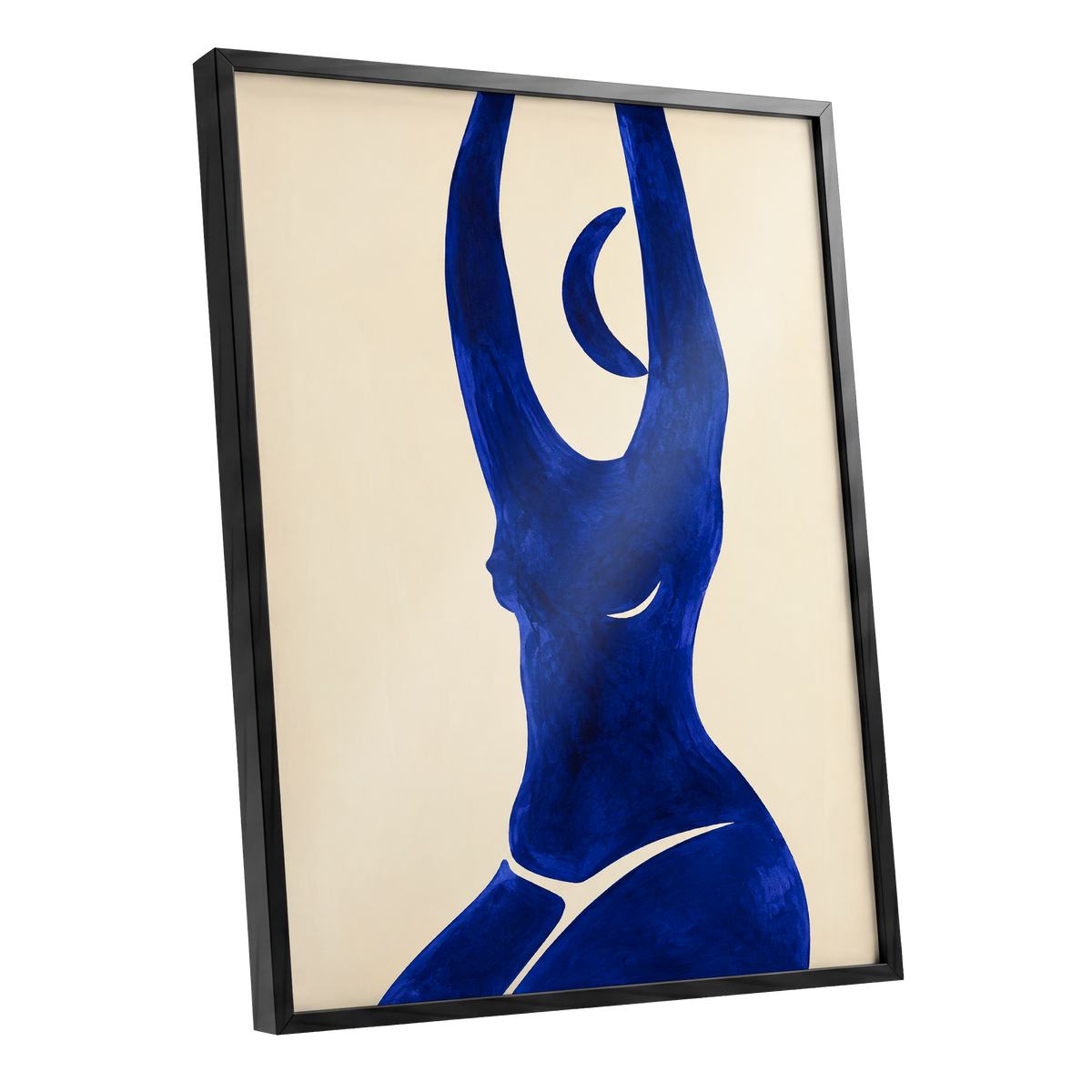 Cobalt in Motion, blue, beige, yellow abstract wall art shown as a black framed poster wall art print